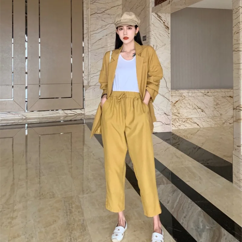 Yellow Blazer-Pants Новое поступление, женский желтый костюм с фигурными штанами, рукав летучая мышь, оверсайз-Блейзер, штаны с высокой эластичной талией, повседневный комплект из 2 предметов, S96104F - Цвет: Yellow Blazer-Pants