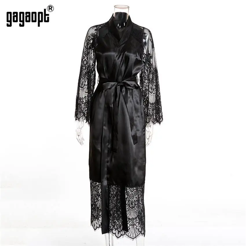 Gagaopt весна 3 цвета кружевные ночные рубашки женские с длинным рукавом модные сексуальные ночные рубашки с поясом пижамы - Цвет: Черный
