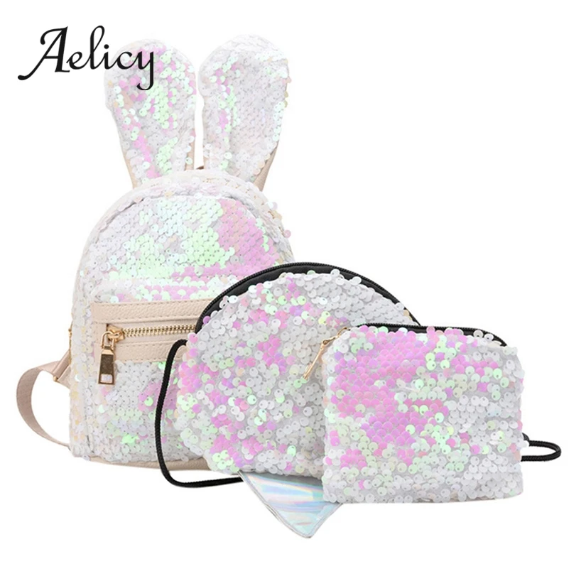 Aelicy 3 шт./компл. женские Модные блестящие Bling рюкзак с кроликом Sequins из искусственной кожи Мини Рюкзак Школьная Сумка