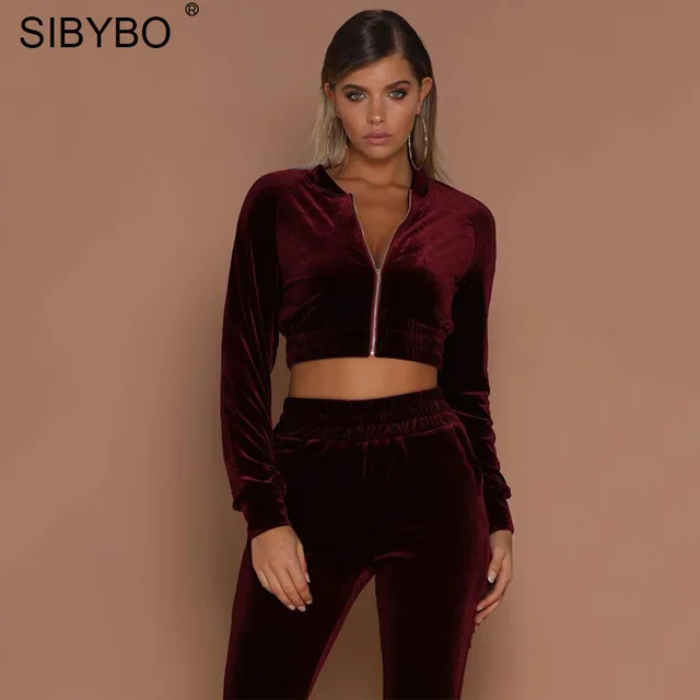 Wine Red Julissa mo осенний бархатный Облегающий комбинезон с длинным рукавом для женщин комплект из 2 предметов Повседневный Спортивный костюм с карманами на молнии зимние комбинезоны - Цвет: Wine Red