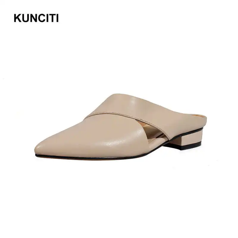 Apricot Г., KUNCITI/Летняя повседневная обувь из натуральной кожи для улицы женские шлепанцы с острым носком и вырезами Модные шлепанцы на низком каблуке в Европейском стиле, T986 - Цвет: Apricot