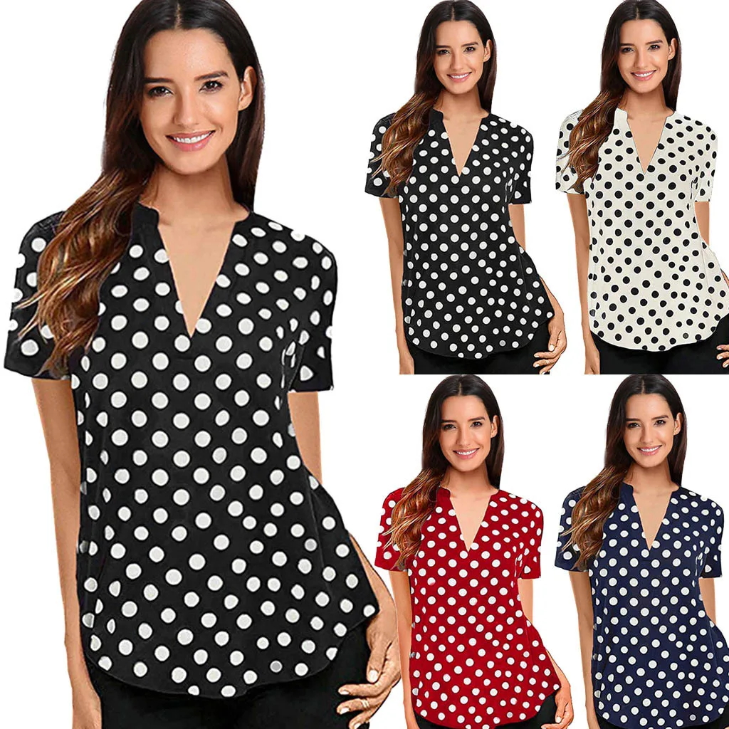 

FREE OSTRICH Women Shirts Polka Dot Short Sleeve V Neck Casual Black trend lovely Elegant Noble Simple Summer Blouse Shirts