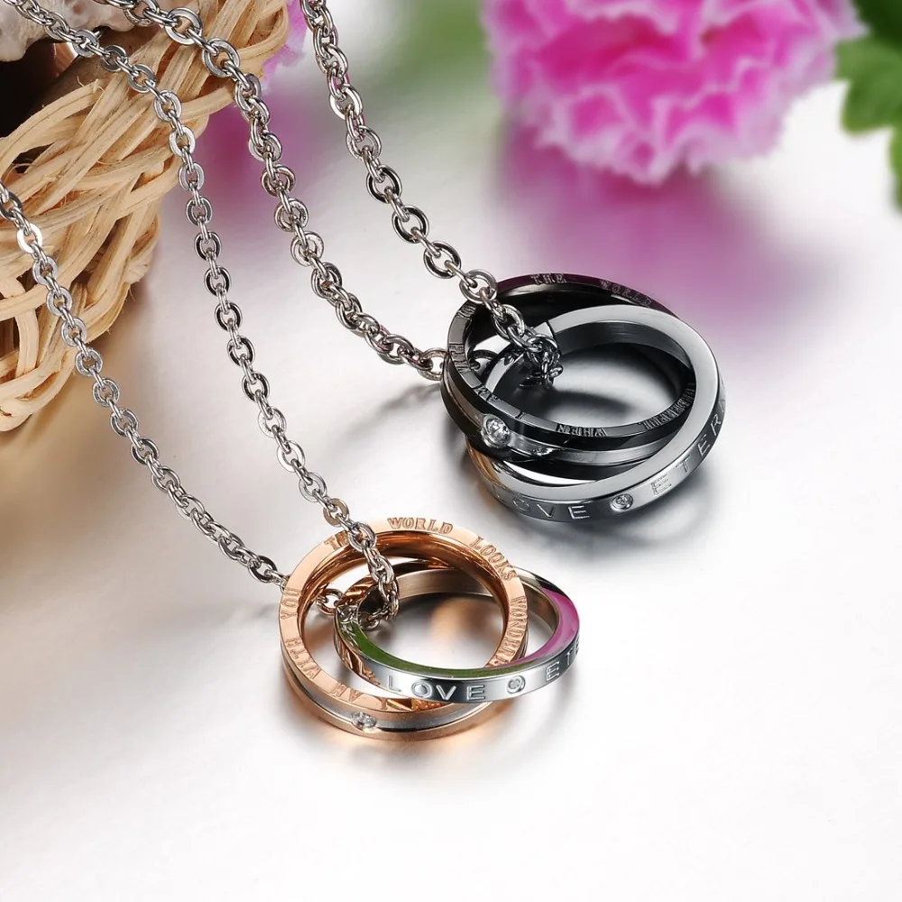 Couples Jewelry Necklaces Black Rose Gold colour Couple Necklace Titanium Steel Double rings Pendants KGX831 | Украшения и