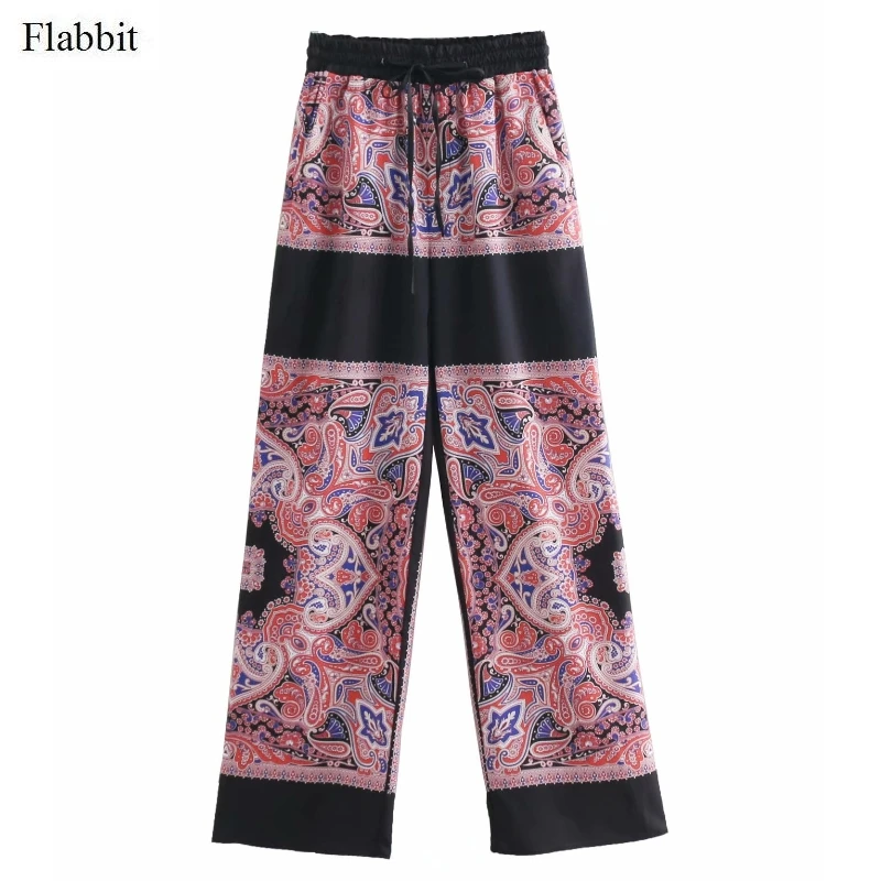 Flabbit Женские винтажные Лоскутные Повседневные широкие брюки с принтом пейсли