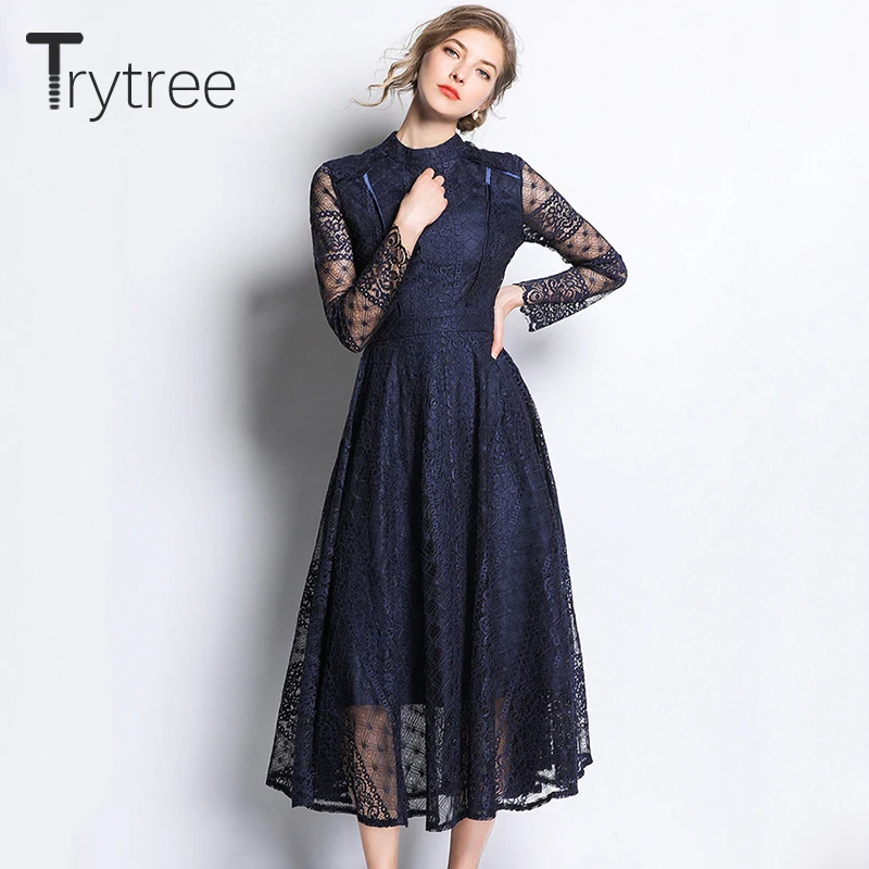 Платье рубашка Trytree женское с кружевным рукавом Элегантное повседневное