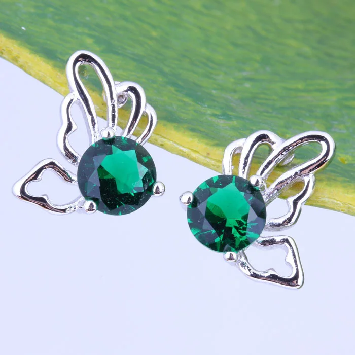

Love Monologue Endearing Butterfly Green Crystal Silver Color Stud Earrings J0350 Fast Shipping