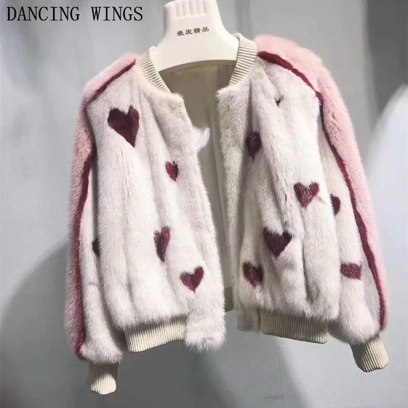 

Женская Повседневная куртка с красным сердцем, розовая шуба из натурального меха норки, короткая бейсбольная шуба из норки