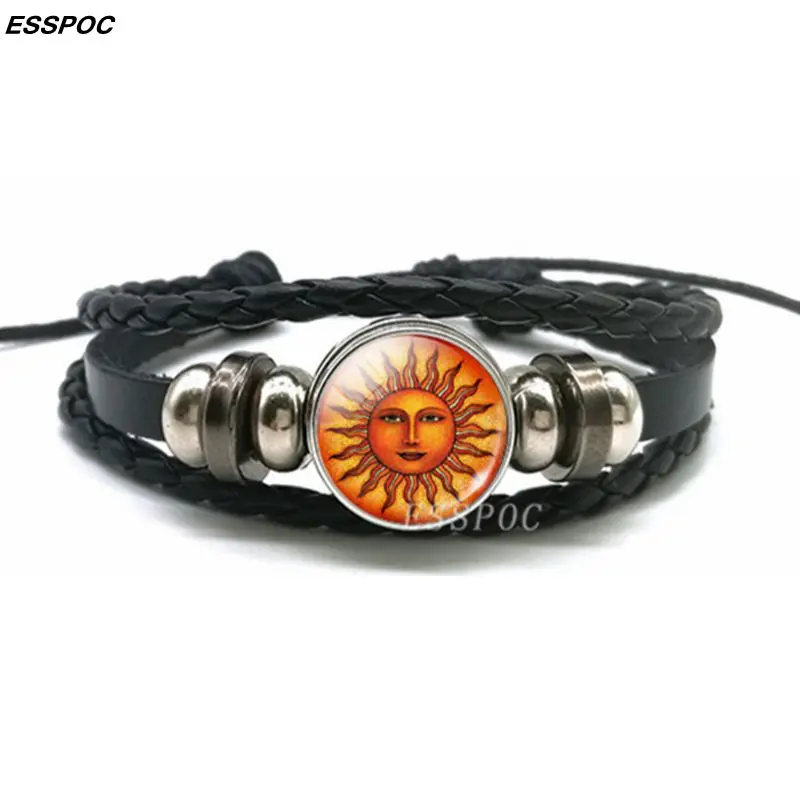 Многослойный женский кожаный браслет с принтом Солнца и Луны|bracelet braided|leather charm