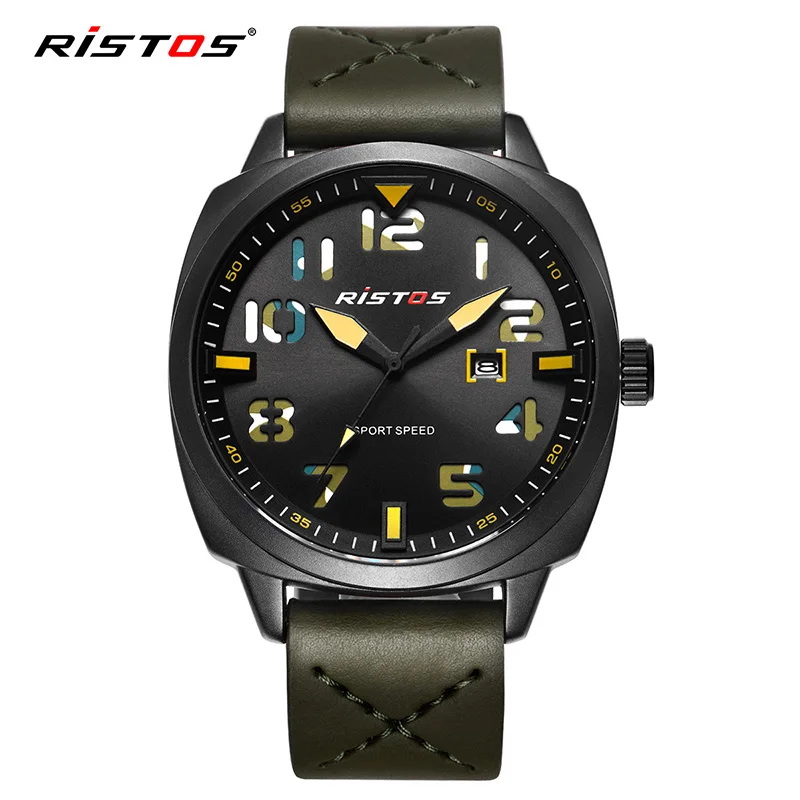 Army Green RISTOS военные мужские спортивные часы с кожаным календарем Qaurtz часы модные наручные часы повседневные мужские часы Relogio Masculino 9351 - Цвет: Army Green