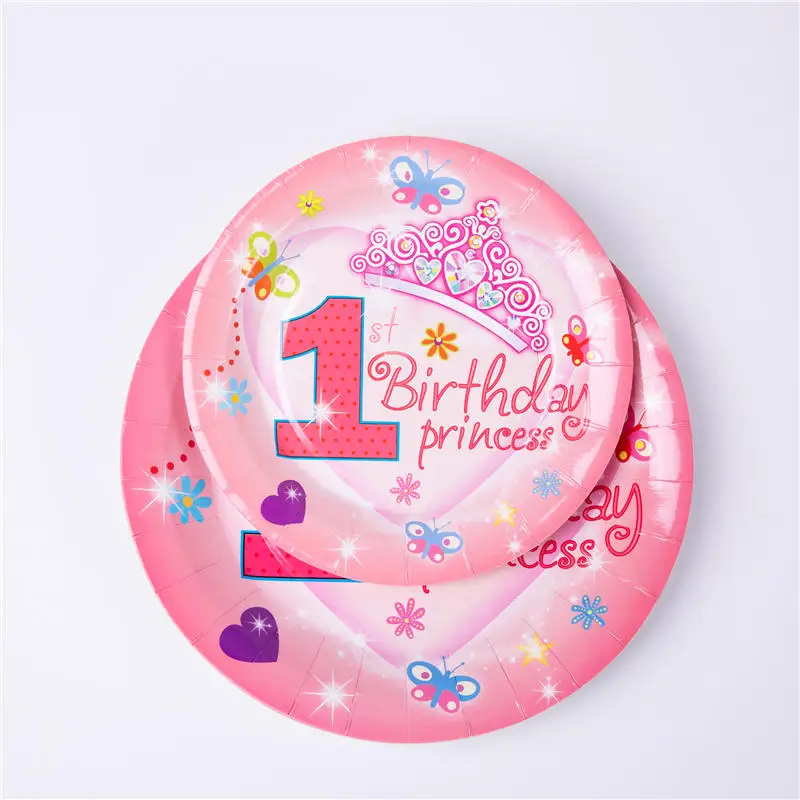 Pink Kids 1st Birthday Party Decorations Paper Plate Napkins Cup Flag Party Supplies Disposable Tableware Set Baby Shower Favor