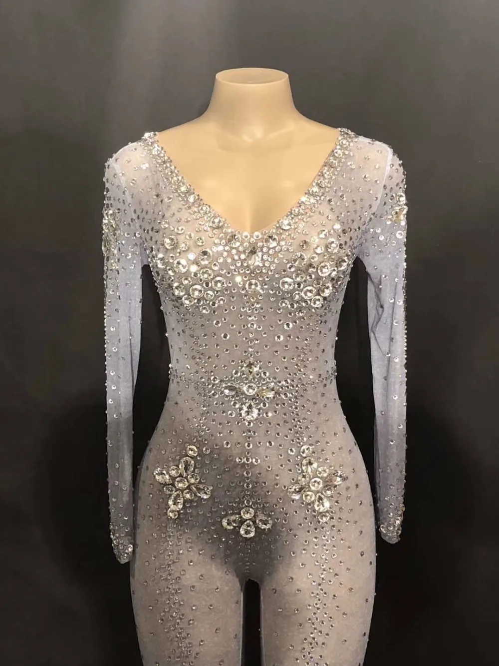 See Though Crystals Stones Jumpsuit Sexy Evening Party Wear Bright Rhinestones Bodysuit Costume Prom Birthday Celebrate Outfit