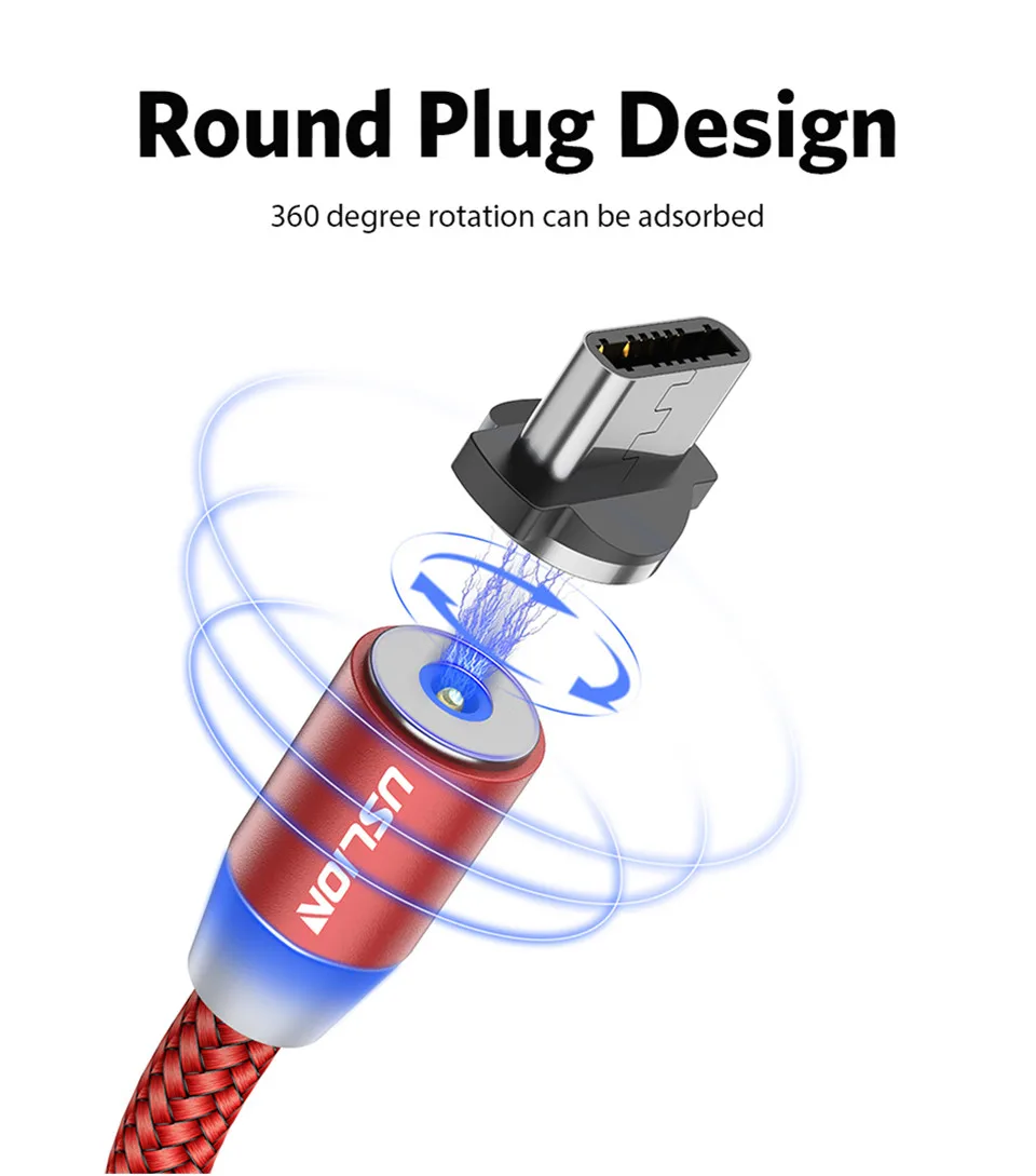 USLION Магнитный USB кабель Micro usb type C кабель для samsung Galaxy S10 S10e для iPhone XR Xs Max 8 7 6 1M 2M 2A магнитное зарядное устройство