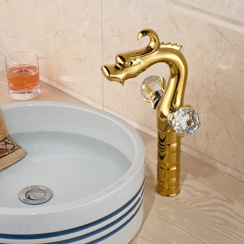 Дракон форма ванная комната смеситель кран двойной Cristal ручки золотой раковины