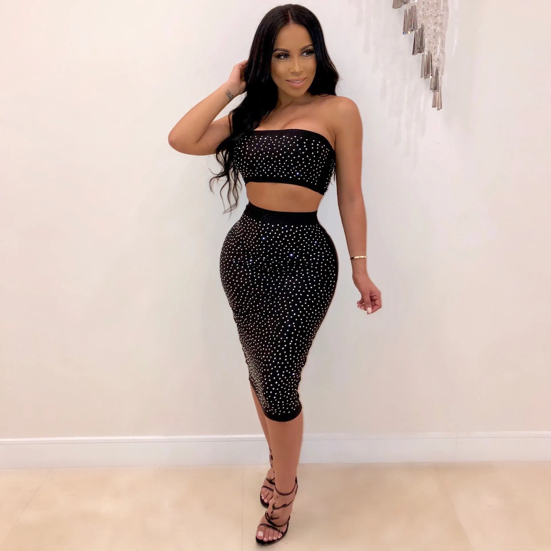 Блестящий Женский комплект 2 шт. спортивный костюм без бретелек укороченный топ и