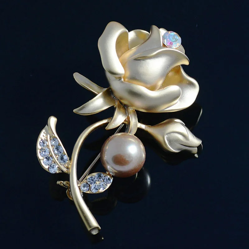 Броши-булавки модные розы цветок ветки Металлическая Булавка матовый золотой