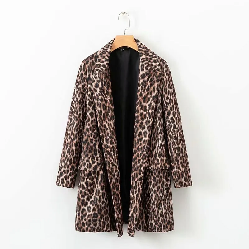 Для женщин животных печати леопарда шерстяное пальто пикантные карман с