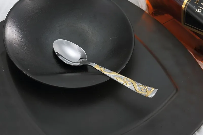 1pc Spoon Роскошный набор столовых приборов из нержавеющей стали, цветочные столовые приборы, бронзовые Серебряные ножи для стейка, вилка, десертная ложка, походная посуда - Цвет: 1pc Spoon