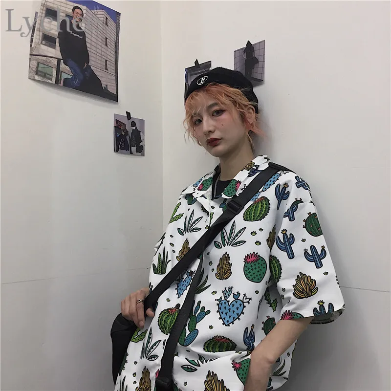 Lychee Harajuku хит цвет кактус принт женские блузки растения короткий рукав отложной воротник бургер принт Свободная Женская блузка