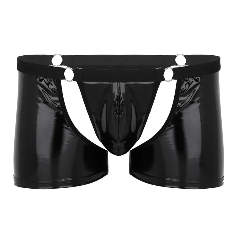 TiaoBug Мужское нижнее белье, черное, Wetlook, искусственная кожа, низкая посадка, полый, сексуальный, для геев, с мешочком, боксеры, шорты, горячее, мужское, с круглым вырезом, бандаж, нижнее белье - Цвет: Black