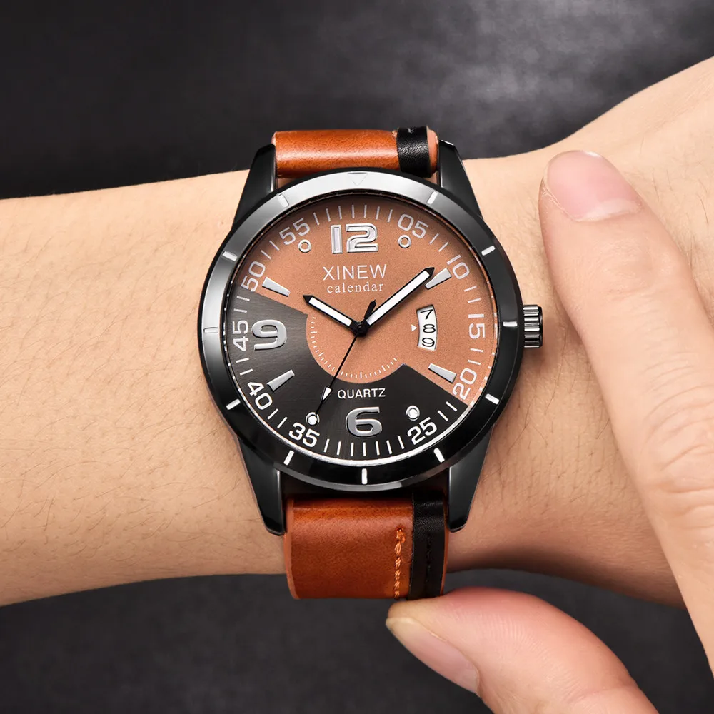 Горячая Распродажа брендовые роскошные часы XINEW мужские кожаные с календарем