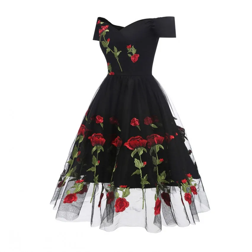 Rose Embroidery Vintage Dress Slash Neck Short Sleeves Wrap High Waist Swing 60s Retro Vestidos Black Mesh Party | Женская одежда