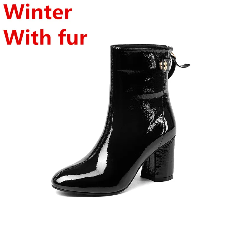 black with fur MORAZORA/горячая Распродажа, ботинки из натуральной кожи осенне-зимние ботильоны для женщин на высоком квадратном каблуке женские мотоциклетные ботинки на молнии - Цвет: black with fur