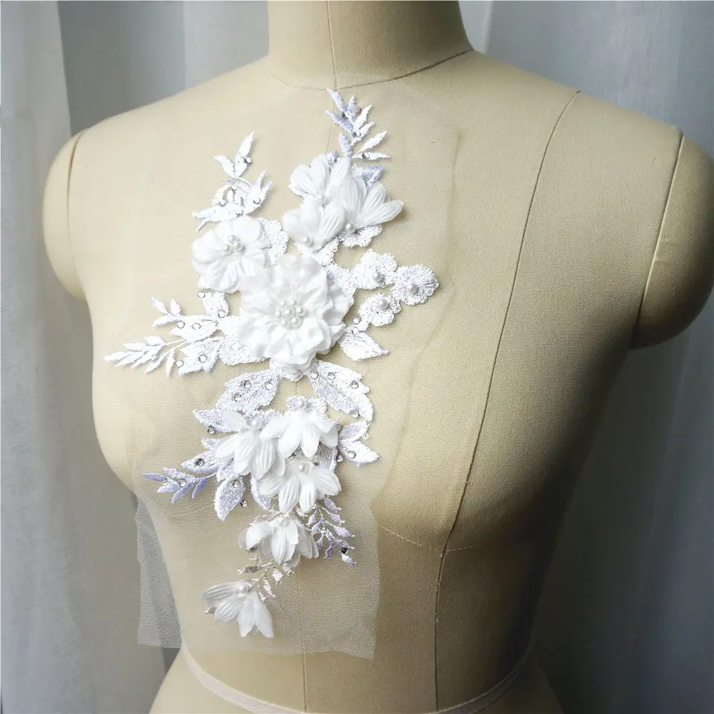 Белые 3D цветы стразы аппликации вышитые свадебные платья украшение сетчатая