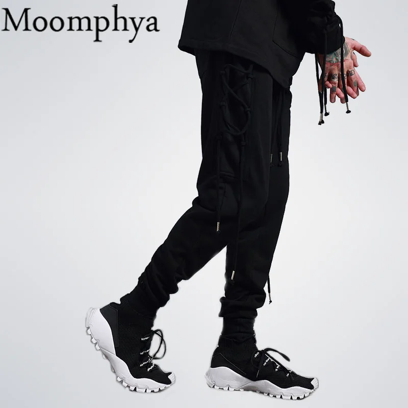 Moomphya New F/W Men hip hop jogger black pants side cross straps pant men Elastic waist drawstring sweatpants streetwear pants|streetwear