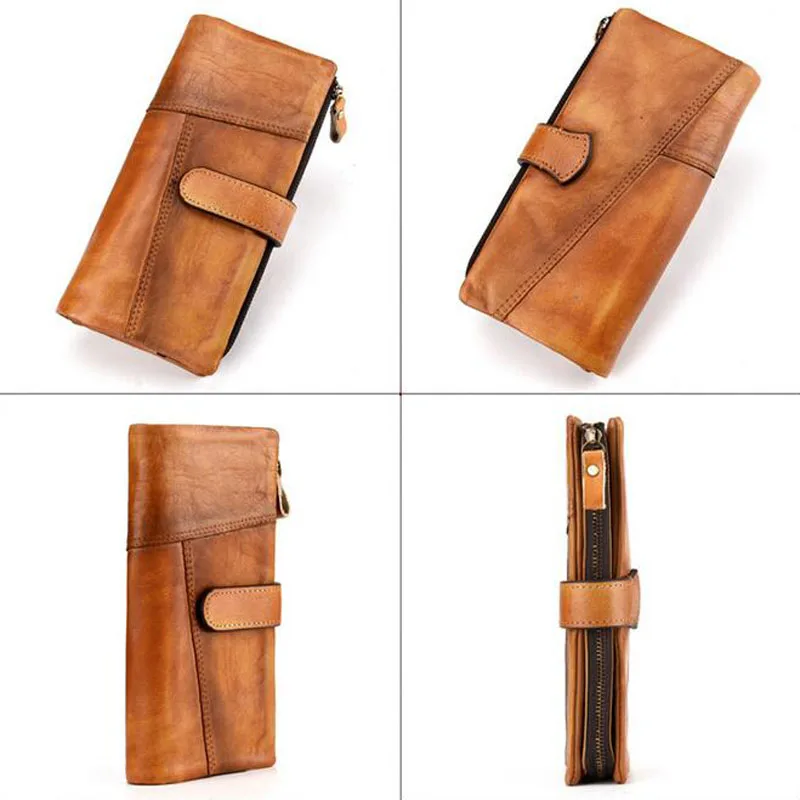 New Men Cowhide Leather Wallets Vintage Walet Male Long Clutch with Coin Purse Pocket Rfid