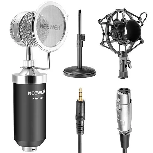 Neewer NW-1500 для настольного вещания и записи конденсаторный микрофон+ 3,5 мм штекер для XLR Женский кабель+ Железный настольный микрофон подставка+ поп-фильтр - Цвет: Black