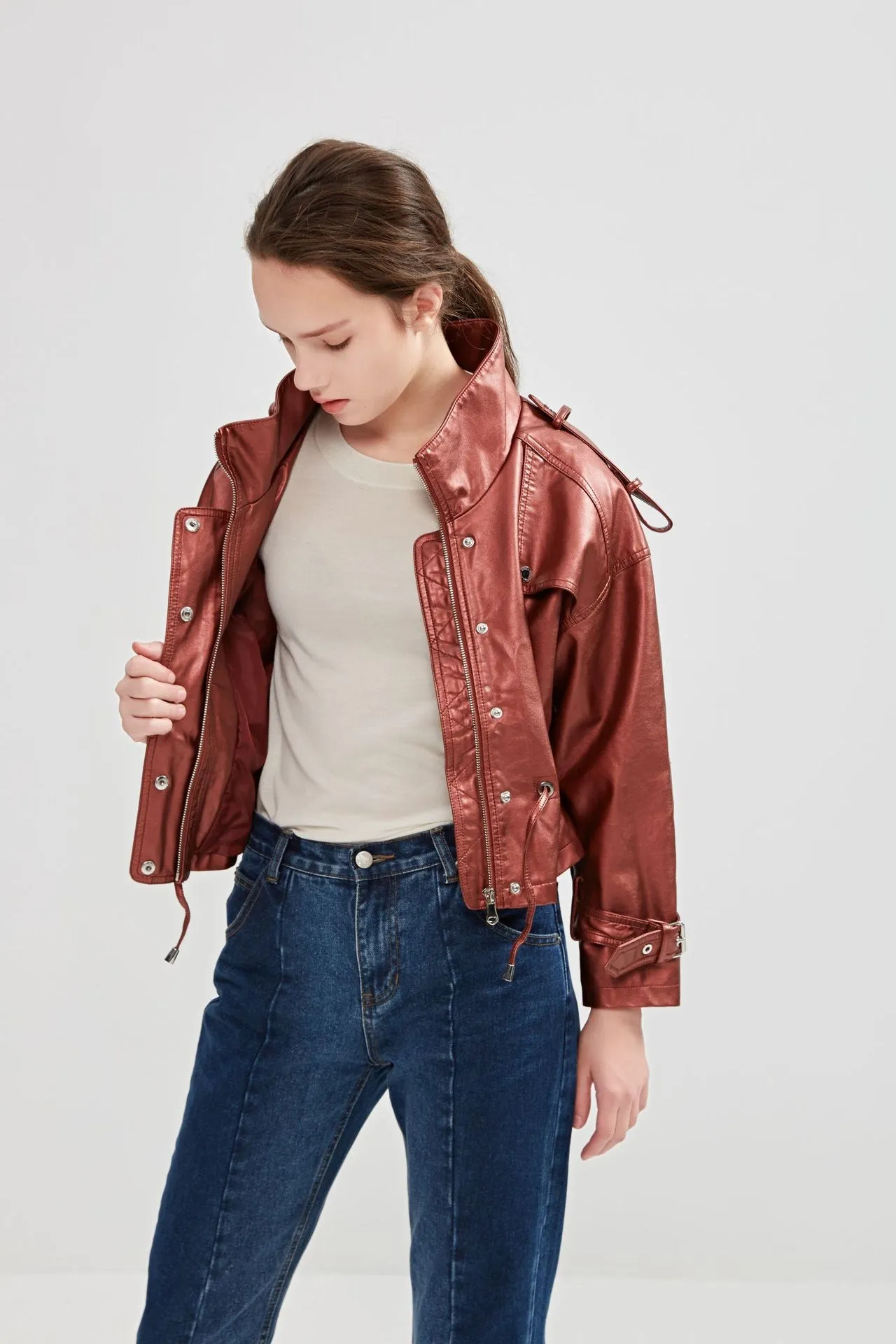 

Fashion Nice Autumn Winter Solid Long Sleeve Faux Leather Jackets Casual Lace Up Waist Stand Collar Zipper Biker Coats