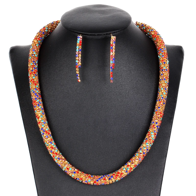 2018 Fashion Colorful Rhinestone Crystal Choker Necklace Drop Earrings Wedding Jewelry Sets Accessories for Women | Украшения и
