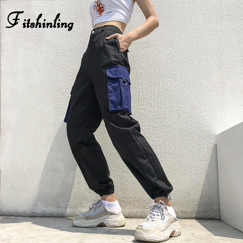 Fitshinling Мода 2018 зима штаны-карго уличная Карманы Черный Тонкий брюки для женщин