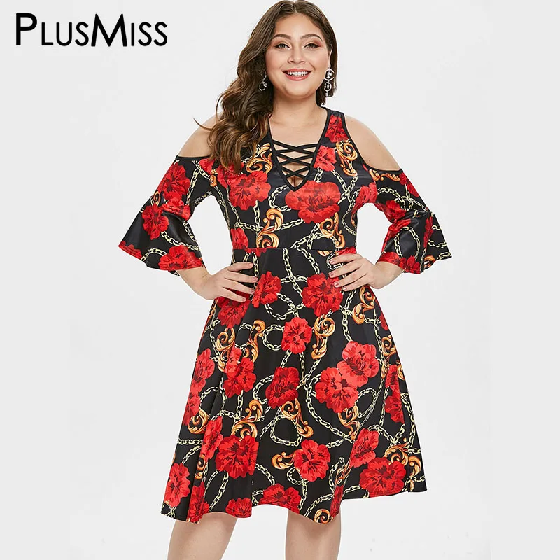 PlusMiss плюс размер 5XL с расклешенными рукавами открытыми плечами цветочным принтом