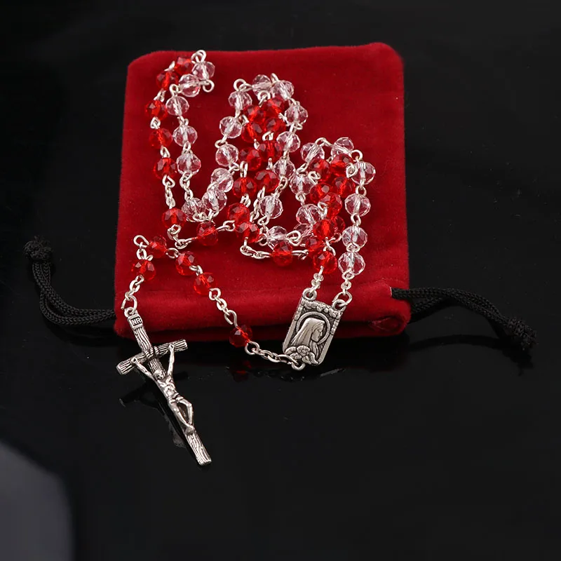 

2 Colors Catholic Fancy 4*6mm Red Crystal Galss Rosary Necklace Silver Plated Jesus Cross Pendant Faceted Glass Rosaries Jewelry