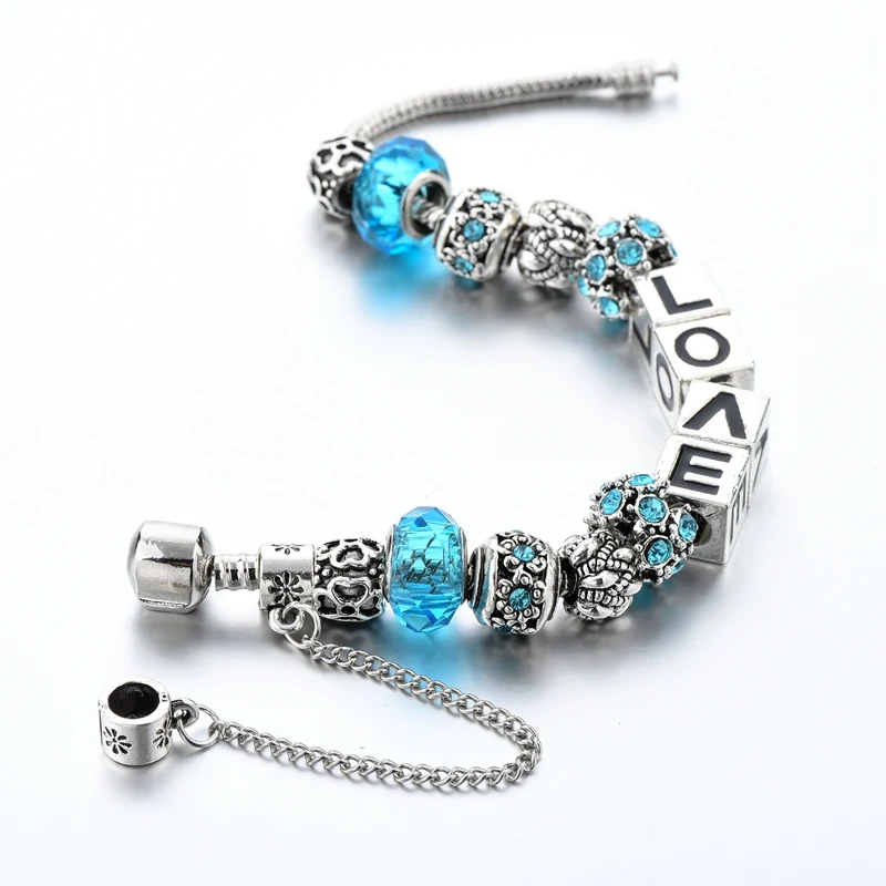 Модные синие очаровательные браслеты для женщин серебряные с кристаллами и