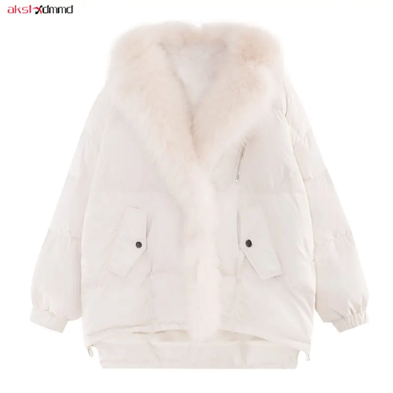 Женская хлопковая куртка с воротником из лисьего меха зимняя белая винтажная