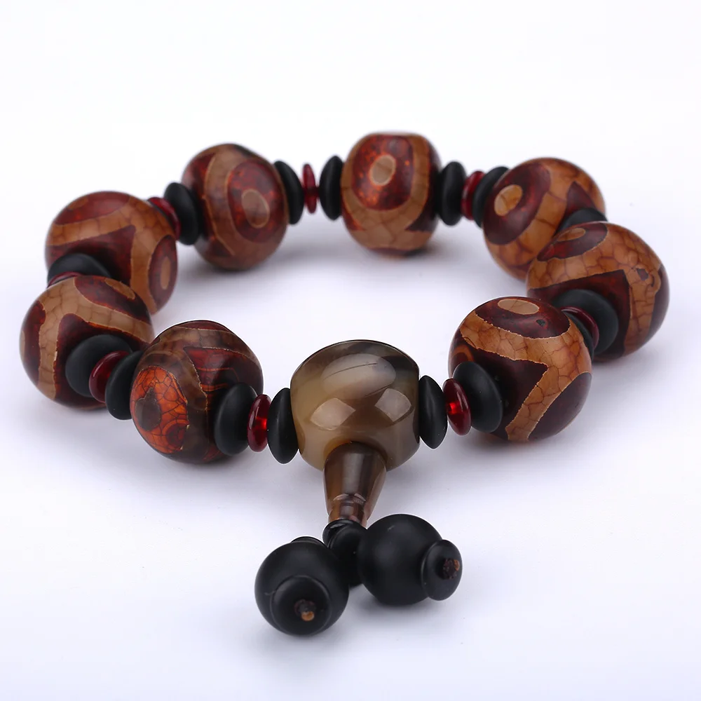 Tibetan Dzi Beads Bracelet Ethnic Style Great Quality 9 eyes Men's Natural Gray Agate Chalcedony Power Chakra | Украшения и