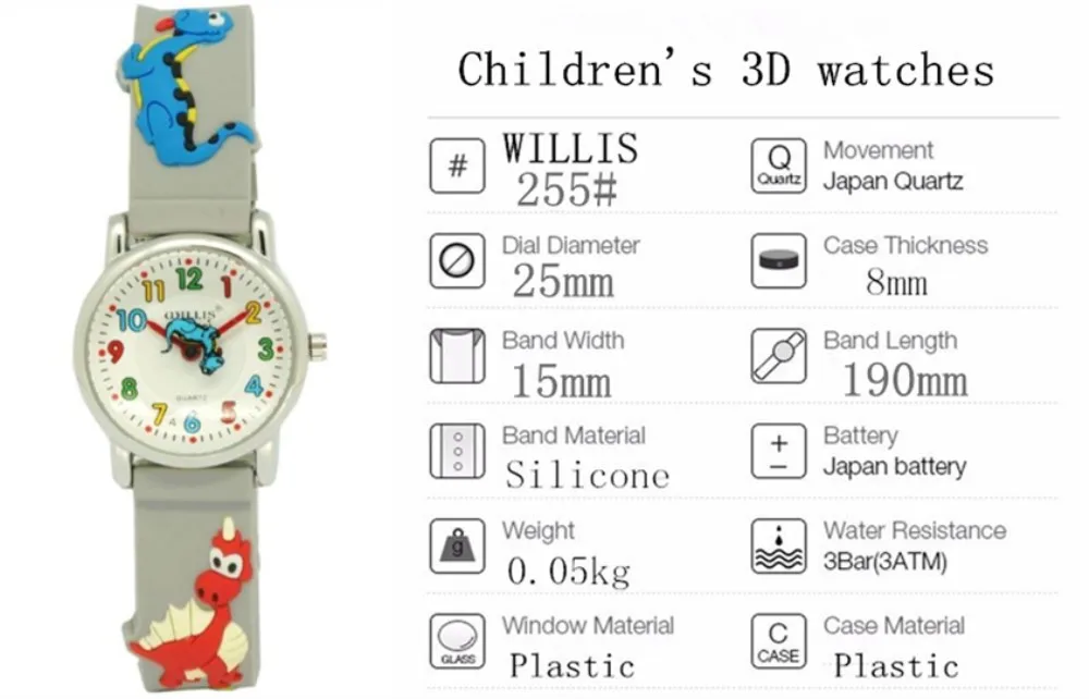 Уиллис водонепроницаемые детские часы с динозавром 3D Мультяшные силиконовые