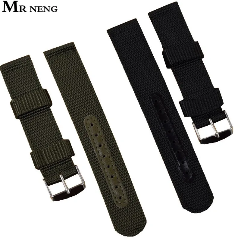 MR Black Green Waterproof Fabric Nylon strap 22mm With Steel Silver Buckle Sport Wrist Watch Band 18mm 20mm 22mm Watchband 24mm