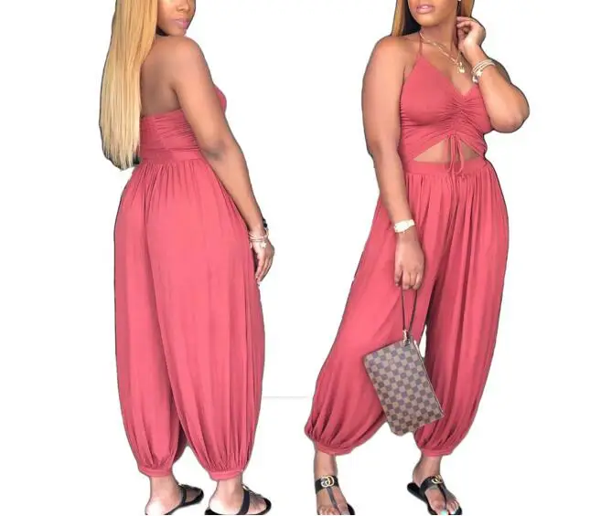 Сексуальный красный комбинезон с лямкой на шее и v образным вырезом Летний