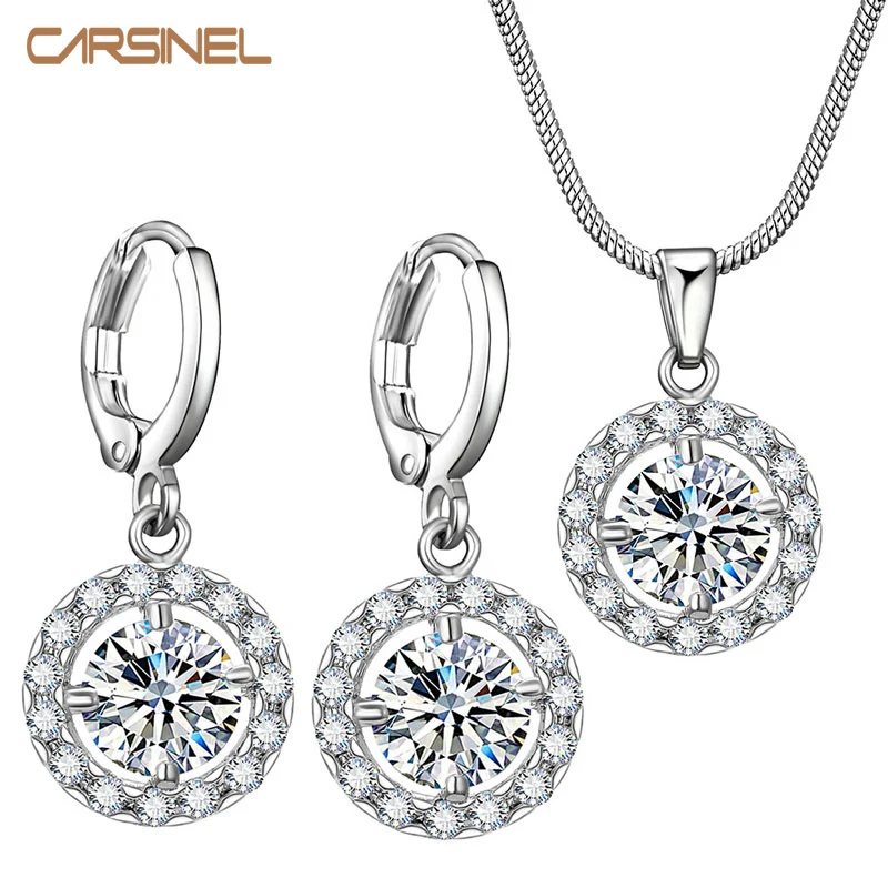 Женский ювелирный комплект из колье и серёг с круглым фианитом|jewelry sets for women|wedding