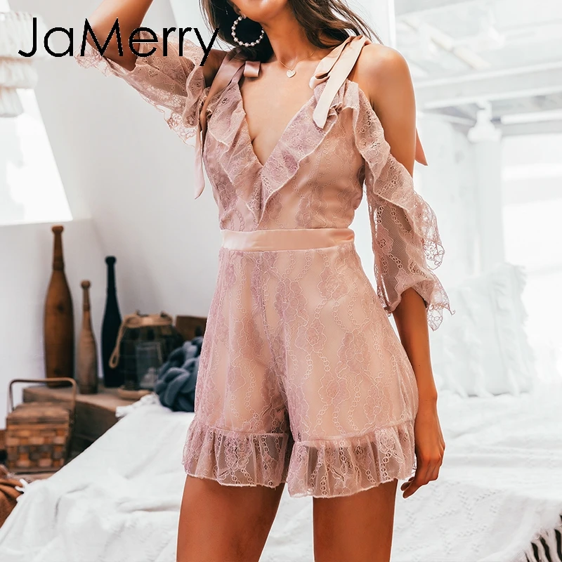 JaMerry Винтаж Элегантный Раффлед открытыми плечами кружевной комбинезон для