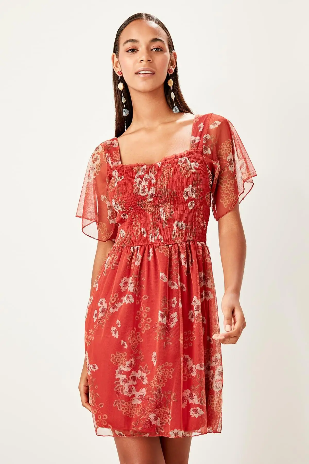 Trendyol бордовое трикотажное платье из тюля TWOSS19OS0130 | Женская одежда