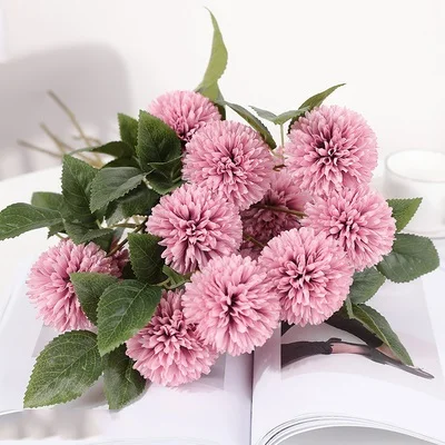 5pcs Dark Pink 5 шт./компл. 3 головы желтый Искусственные цветы гортензии букет с длинными стеблями шелк, принт в виде одуванчиков, осень домашние вечерние декор в форме искусственных цветов - Цвет: 5pcs Dark Pink