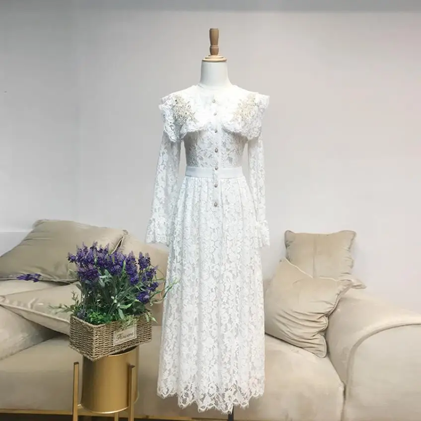 

Embroidery lace dress England style full lace overlapping lapel temperament dress female ankle length long slim dress wq1936