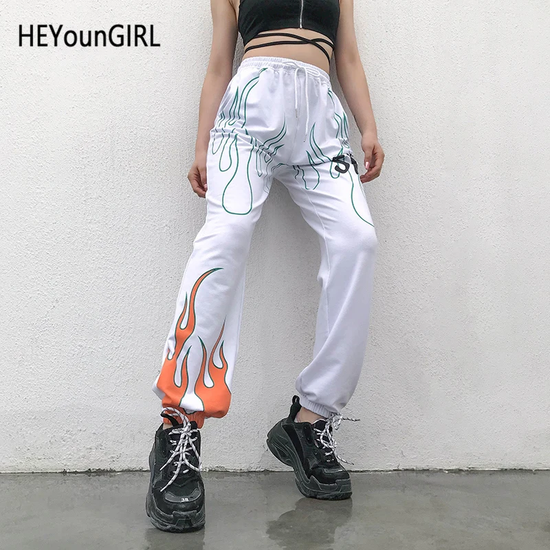 Женские повседневные джоггеры HEYounGIRL с рисунком огня белые брюки Капри высокой