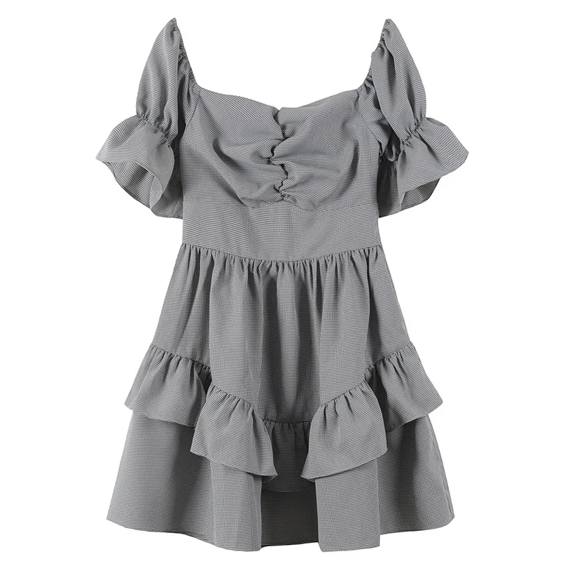 Fashion Women Plaid New Dress Slash Neck Off Shoulder Blackless Sexy Ruffles Draped Mini Clothes 2019 Summer | Женская одежда