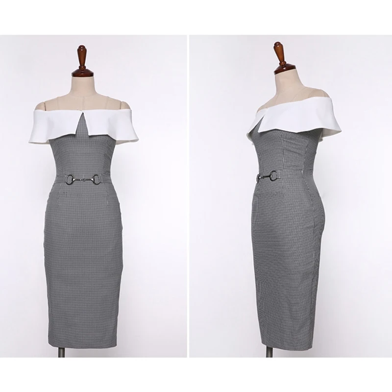 Платье-футляр женское офисное с вырезом лодочкой в клеточку летнее 2019 | Женская