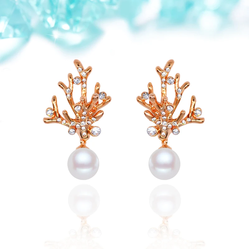 E088 женские серьги-гвоздики с жемчугом кораллового цвета Женские Ювелирные